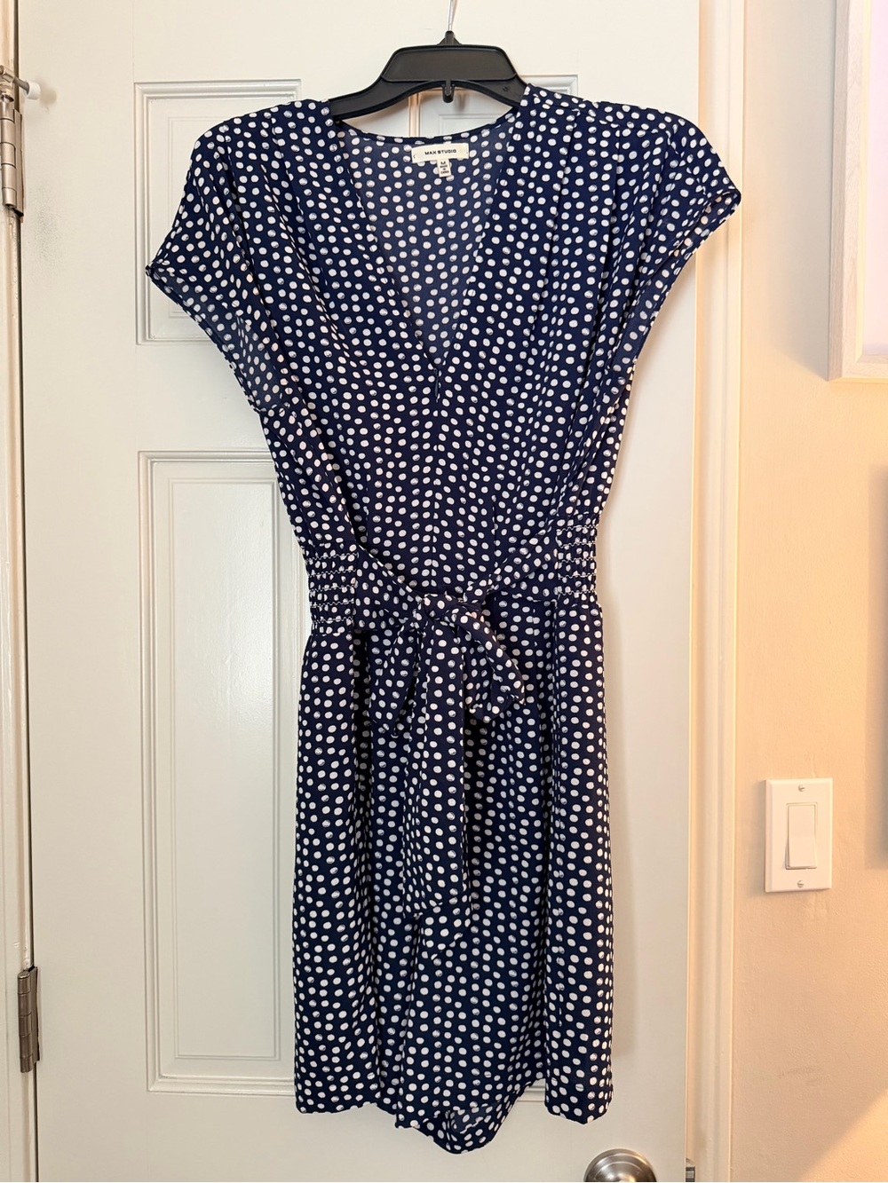 Max Studio Navy and White Polka Dot Midi Tie-Waist Romper
